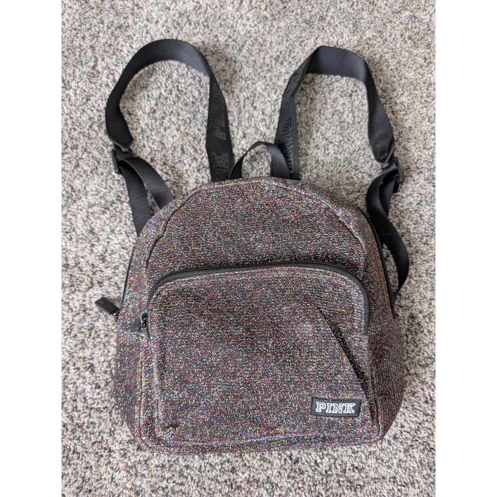 PINK Victoria's Secret Rainbow Glitter Mini Backpack‎ Multi Color Logo Straps